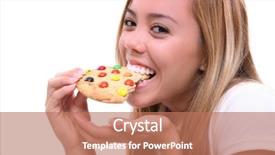  Presentation with chocolate chip cookie - Amazing PPT theme having young pretty girl eating a chocolate chip cookie dessert backdrop and a coral colored foreground