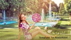  Presentation with lollypop - Amazing PPT theme having young pretty girl holding a huge colorful lollypop backdrop and a gold colored foreground