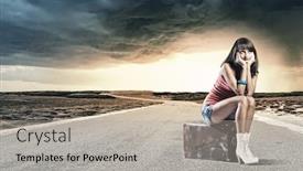  Presentation with traveler - Amazing slide set having young pretty girl traveler sitting on suitcase aside of road backdrop and a light gray colored foreground