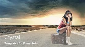  Presentation with traveler - Amazing PPT theme having young pretty girl traveler sitting on suitcase aside of road backdrop and a gray colored foreground