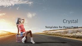 Presentation with traveler - Colorful theme enhanced with young pretty girl traveler sitting on suitcase aside of road backdrop and a light gray colored foreground