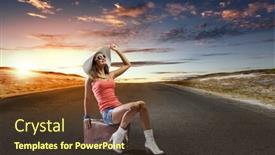  Presentation with traveler - PPT theme enhanced with young pretty girl traveler sitting on suitcase aside of road background and a tawny brown colored foreground