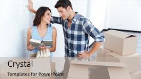  Presentation with married couple - Slides having young pretty happy married couple unpacking in new flat background and a mint green colored foreground