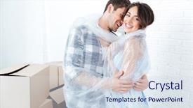  Presentation with married couple - PPT layouts having young pretty happy married couple unpacking in new flat background and a sky blue colored foreground