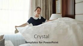  Presentation with bed hotel - PPT theme having young-pretty-housekeeper-in-uniform background and a light gray colored foreground