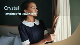  Presentation with curtains - Presentation theme consisting of young-pretty-housemaid-in-dark background and a wine colored foreground