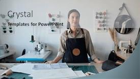  Presentation with apron - Presentation design having young-pretty-leatherworker-in-apron background and a light gray colored foreground