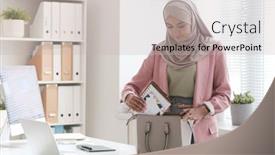  Presentation with smart home - PPT theme consisting of young-pretty-muslim-female-office background and a light gray colored foreground