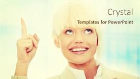  Presentation with finger - Beautiful slide set featuring young pretty office woman specifies with finger to up over abstract blue background backdrop and a cream colored foreground