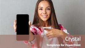  Presentation with gray - PPT theme having young pretty smiling woman pointing background and a coral colored foreground