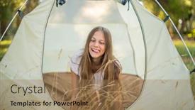  Presentation with camp - Colorful slide set enhanced with girl making faces in tent backdrop and a coral colored foreground