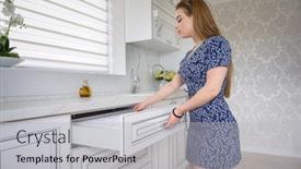  Presentation with kitchen design - Colorful presentation design enhanced with young-pretty-woman-at-luxury backdrop and a light gray colored foreground