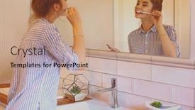  Presentation with teeth - PPT theme consisting of young-pretty-woman-brushing-teeth background and a coral colored foreground