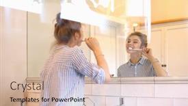  Presentation with teeth - Colorful PPT layouts enhanced with young-pretty-woman-brushing-teeth backdrop and a soft green colored foreground