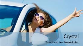  Presentation with woman car driver map - Theme having young pretty woman driving car background and a  colored foreground