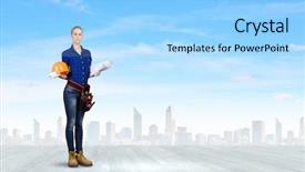  Presentation with woman engineer - Presentation having young pretty woman engineer with tool belt on waist background and a light blue colored foreground