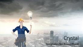  Presentation with woman engineer - Theme featuring young pretty woman engineer with tool belt on waist background and a light blue colored foreground