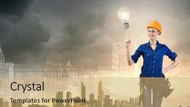  Presentation with woman engineer - Presentation theme having young pretty woman engineer with tool belt on waist background and a coral colored foreground