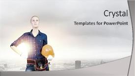  Presentation with woman engineer - Colorful presentation theme enhanced with young pretty woman engineer with tool belt on waist backdrop and a light gray colored foreground