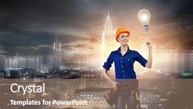  Presentation with woman engineer - PPT theme having young pretty woman engineer with tool belt on waist background and a coral colored foreground