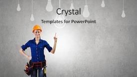  Presentation with woman engineer - Colorful theme enhanced with young pretty woman engineer with tool belt on waist backdrop and a light gray colored foreground