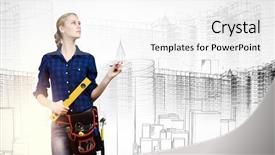  Presentation with woman engineer - Cool new slides with young pretty woman engineer with tool belt on waist backdrop and a white colored foreground
