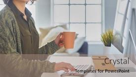  Presentation with coffee - Presentation theme enhanced with young-pretty-woman-having-coffee background and a  colored foreground