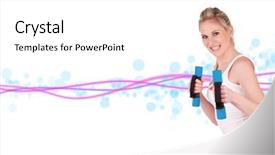  Presentation with motion design - PPT theme with young pretty woman holding weights and doing body training with blur motion lines design isolated on white background background and a white colored foreground
