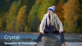  Presentation with fall lake - Audience pleasing PPT layouts consisting of young pretty woman outdoor in fall sitting by the lake backdrop and a ocean colored foreground
