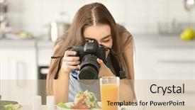  Presentation with healthy eating food photography - Slide deck with young pretty woman photographing food background and a soft green colored foreground