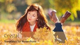  Presentation with autumn - PPT theme with young-pretty-woman-relaxing background and a yellow colored foreground