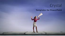  Presentation with trumpet - Colorful slides enhanced with young pretty woman screaming in paper trumpet backdrop and a ocean colored foreground