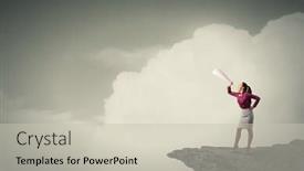  Presentation with trumpet - Theme consisting of young pretty woman screaming in paper trumpet background and a soft green colored foreground