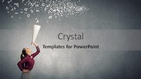  Presentation with trumpet - Presentation theme consisting of young pretty woman screaming in paper trumpet background and a light gray colored foreground