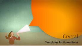  Presentation with trumpet - Presentation design having young pretty woman screaming in paper trumpet background and a gold colored foreground