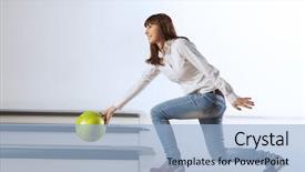  Presentation with bowling - Slide deck featuring young pretty woman throwing a bowling ball background and a light blue colored foreground