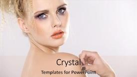  Presentation with multicolor - Slide set featuring young pretty woman with beautiful blond hairs and multicolor makeup isolated on white background background and a lemonade colored foreground