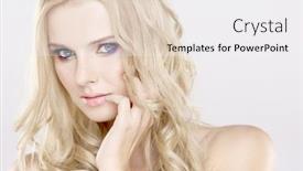  Presentation with multicolor - Slide set enhanced with young pretty woman with beautiful blond hairs and multicolor makeup isolated on white background background and a white colored foreground