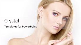  Presentation with multicolor - Theme consisting of young pretty woman with beautiful blond hairs and multicolor makeup isolated on white background background and a sky blue colored foreground