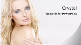  Presentation with multicolor - Theme consisting of young pretty woman with beautiful blond hairs and multicolor makeup isolated on white background background and a sky blue colored foreground