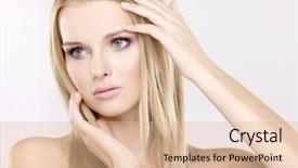  Presentation with multicolor - PPT theme enhanced with young pretty woman with beautiful blond hairs and multicolor makeup isolated on white background background and a lemonade colored foreground