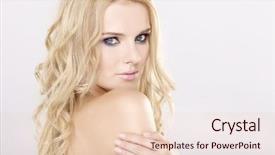  Presentation with multicolor - Audience pleasing theme consisting of young pretty woman with beautiful blond hairs and multicolor makeup isolated on white background backdrop and a lemonade colored foreground