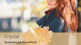  Presentation with fall foliage - Theme having young pretty woman with red hair relaxing in the autumn park beauty nature scene with colorful foliage background yellow trees and leaves at fall season autumn outdoor lifestyle background and a yellow colored foreground