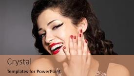  Presentation with manicure - Colorful theme enhanced with young pretty woman with red manicure and lips fashion model with bright positive emotions backdrop and a coral colored foreground