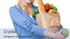  Presentation with white healthy food - Cool new theme with young pretty woman with a paper bag full of healthy food isolated on white backdrop and a light blue colored foreground