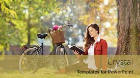  Presentation with bike - PPT layouts with young pretty woman with a bike reading a novel in a park background and a yellow colored foreground