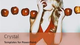  Presentation with hair dress - Colorful slide deck enhanced with young pretty woman in a fashionable dress with apples sensual blond woman with shiny curly silky hair studio shot backdrop and a red colored foreground