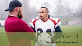  Presentation with football coach - Audience pleasing presentation design consisting of young professional american football player discussing strategy together with coach during training match on the stadium field backdrop and a yellow colored foreground