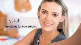  Presentation with professional interview - Presentation theme having young professional at job interview background and a coral colored foreground