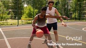  Presentation with defending - PPT theme with young professional basketball player defending the ball from attack of rival background and a coral colored foreground